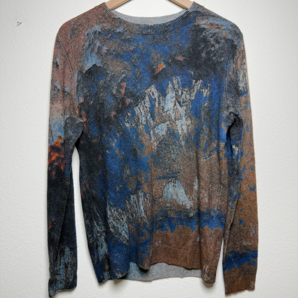 Autumn Cashmere Womens 100% Cashmere Sweater Small Blue Brown Abstract Arsty